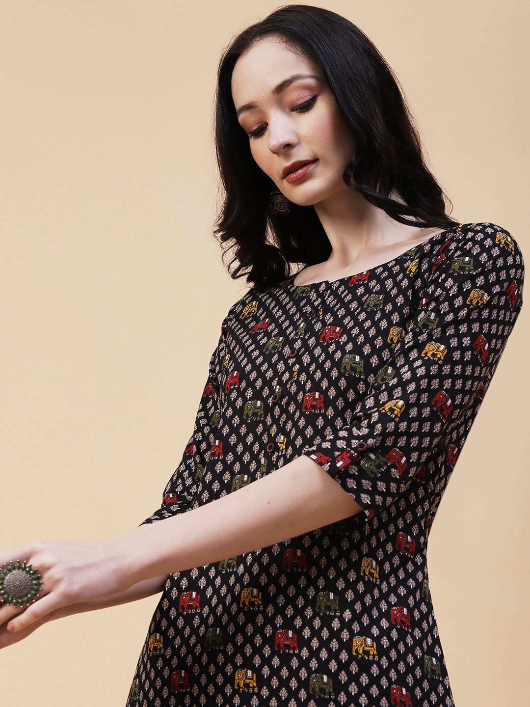 Elephant Printed Buttoned Kurta - Black