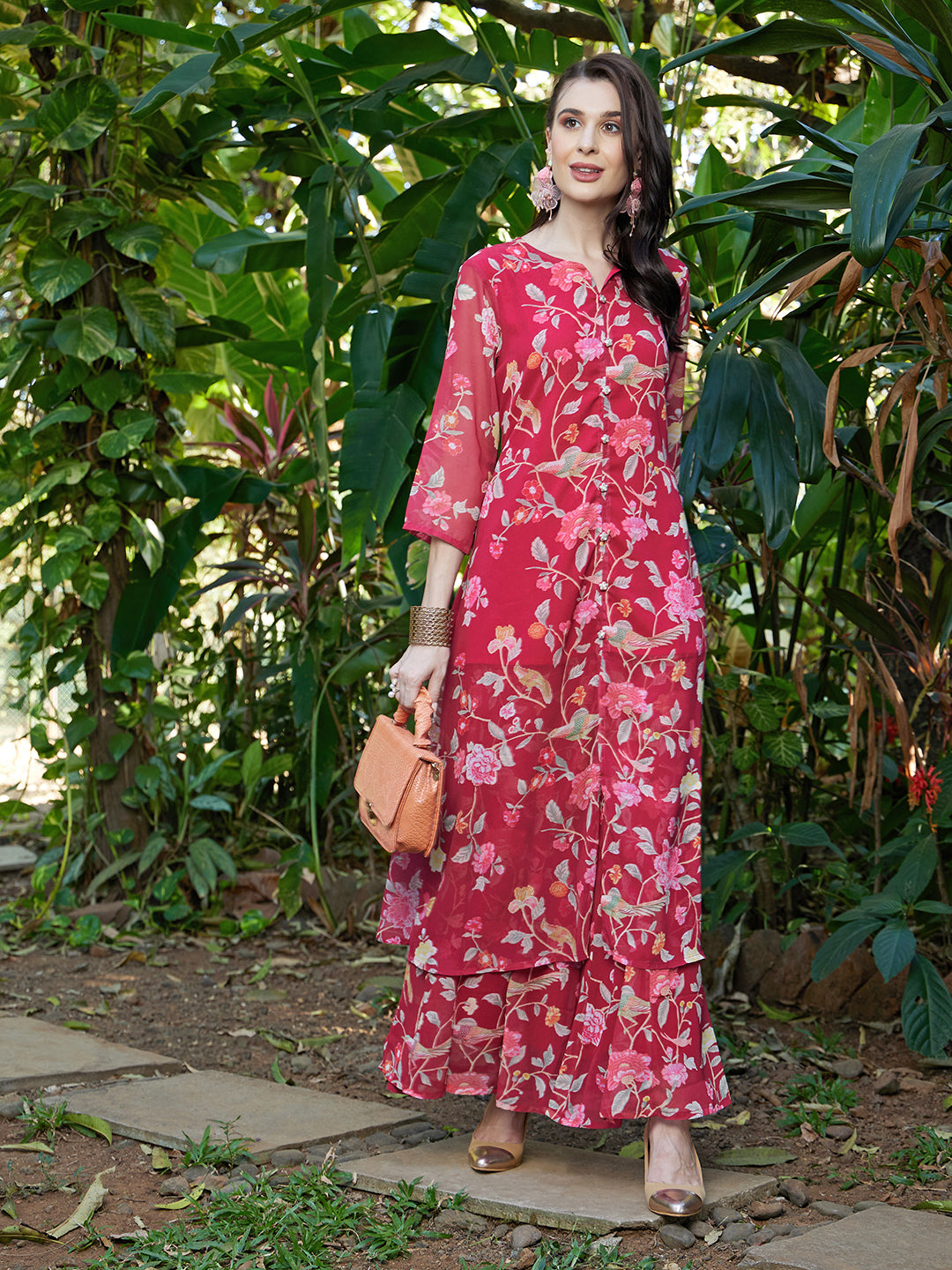 Floral Printed A-Line Kurta with Palazzo - Dark Pink