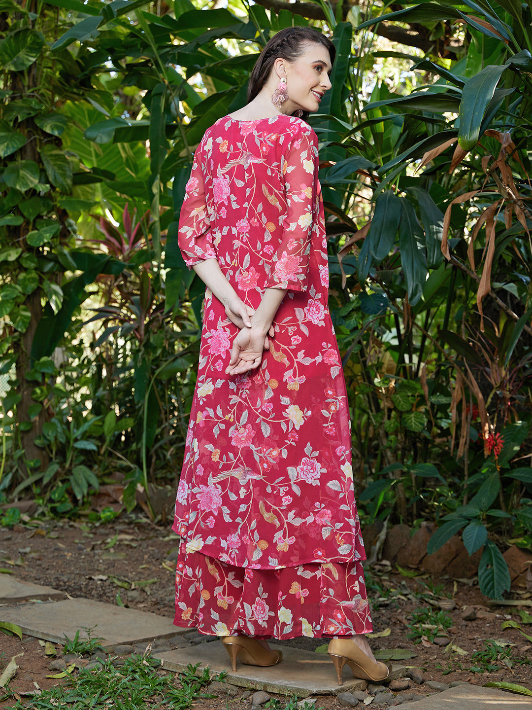Floral Printed A-Line Kurta with Palazzo - Dark Pink