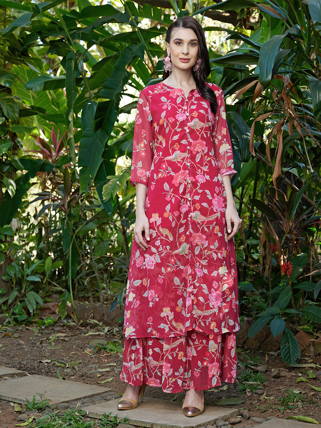 Floral Printed A-Line Kurta with Palazzo - Dark Pink