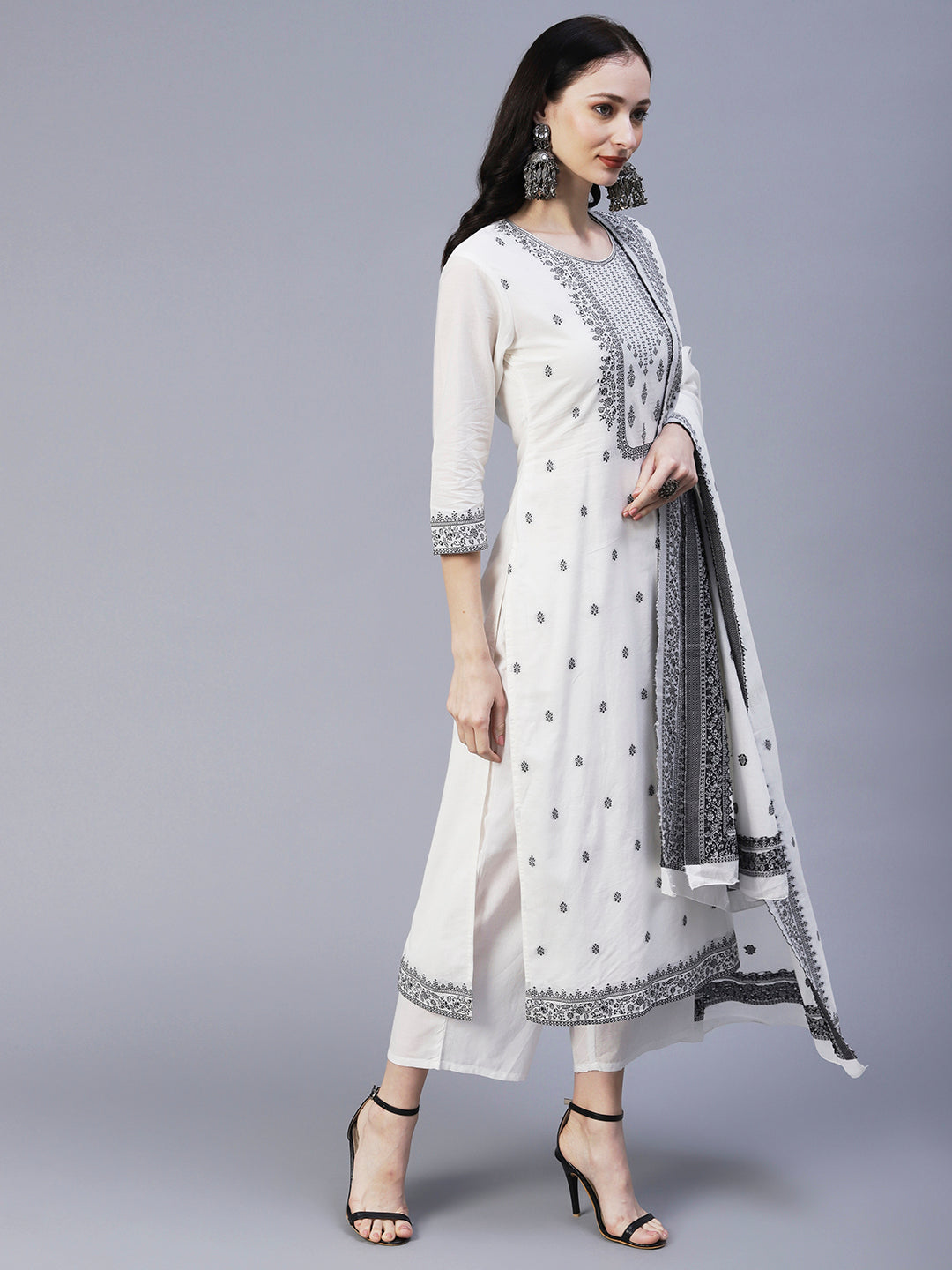 Ethnic Woven Straight Fit Kurta with Palazzo & Dupatta - White