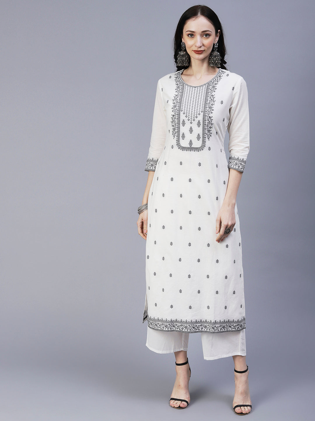 Ethnic Woven Straight Fit Kurta with Palazzo & Dupatta - White