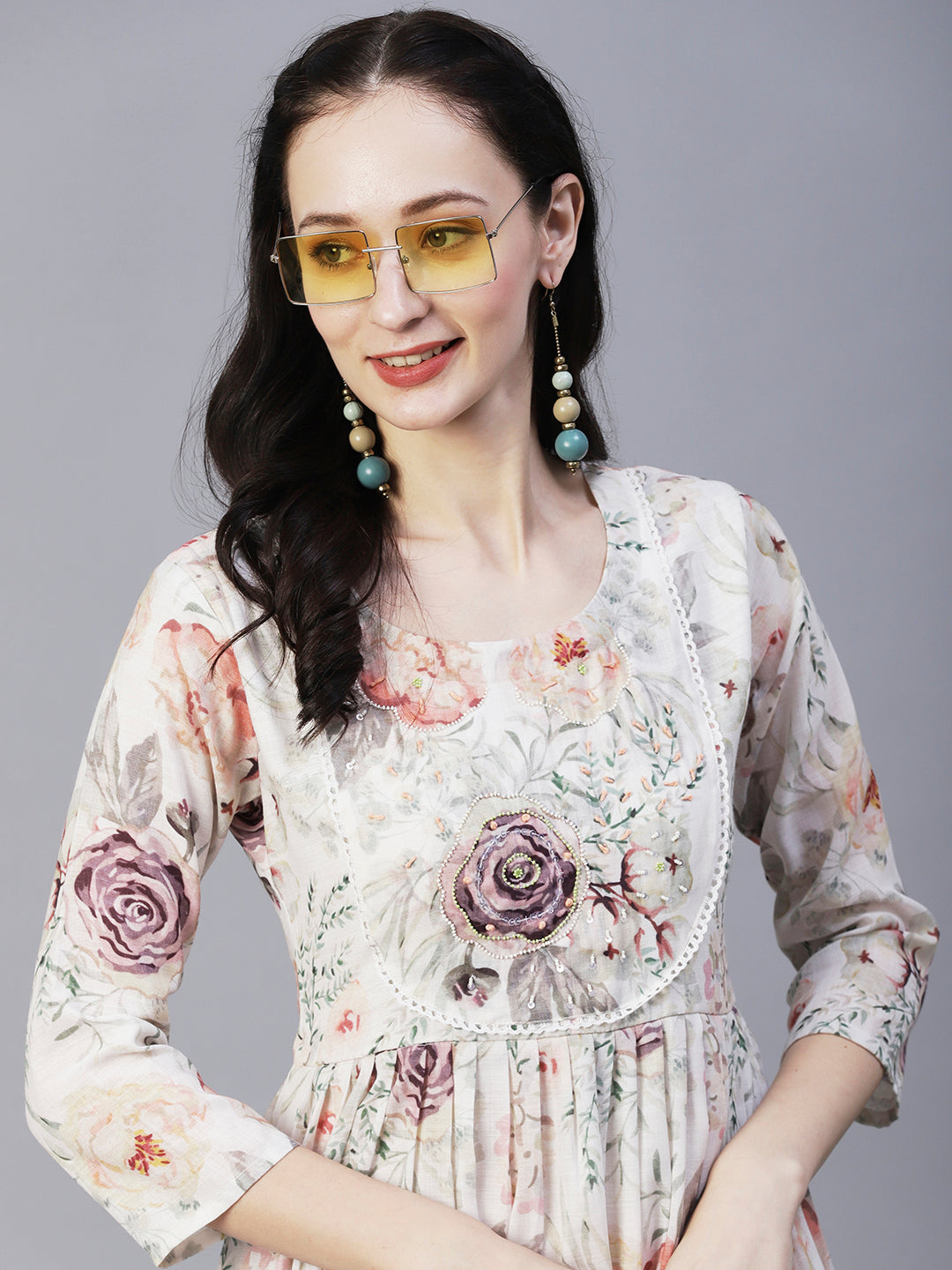 Floral Printed Beads & Resham Embroidered Pleated Maxi Dress - White