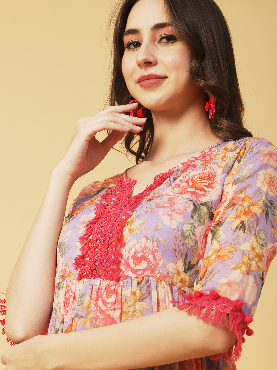 Floral Printed Fringed Lace & Pompom Lace Embellished Tiered Midi Dress - Multi