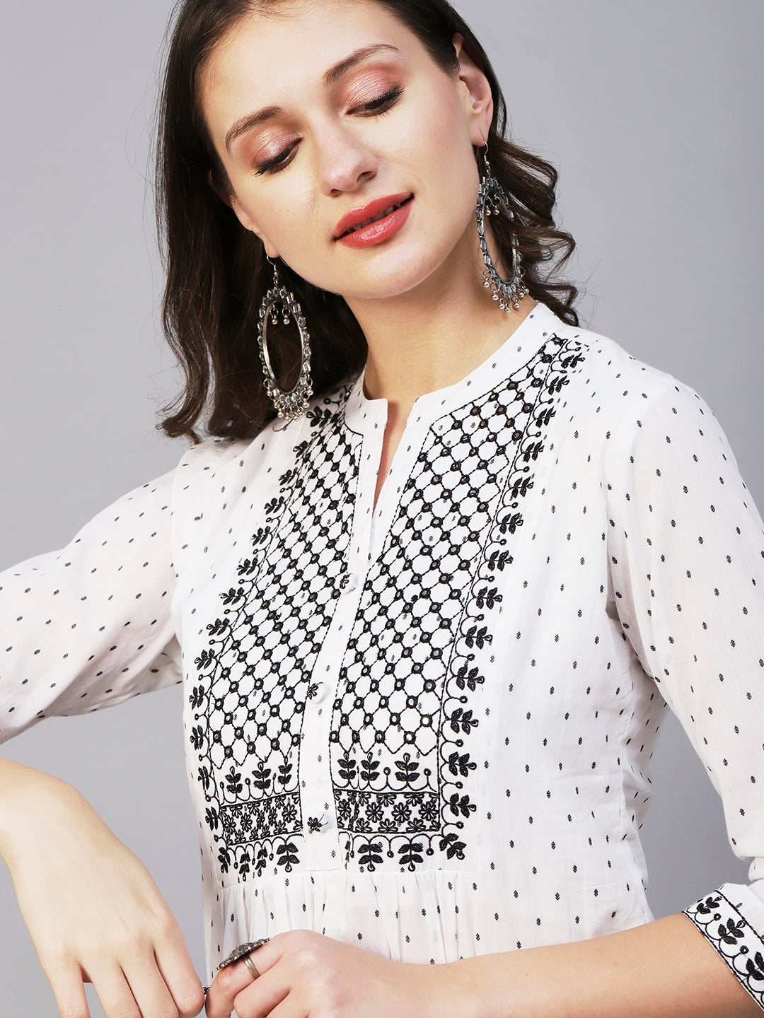 Woven Geometric Buti Design Resham & Mirror Embroidered Short Kurti - White
