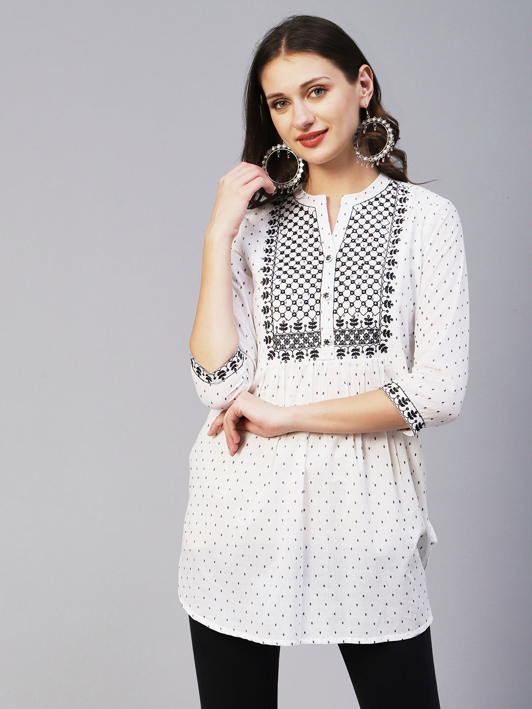 Woven Geometric Buti Design Resham & Mirror Embroidered Short Kurti - White