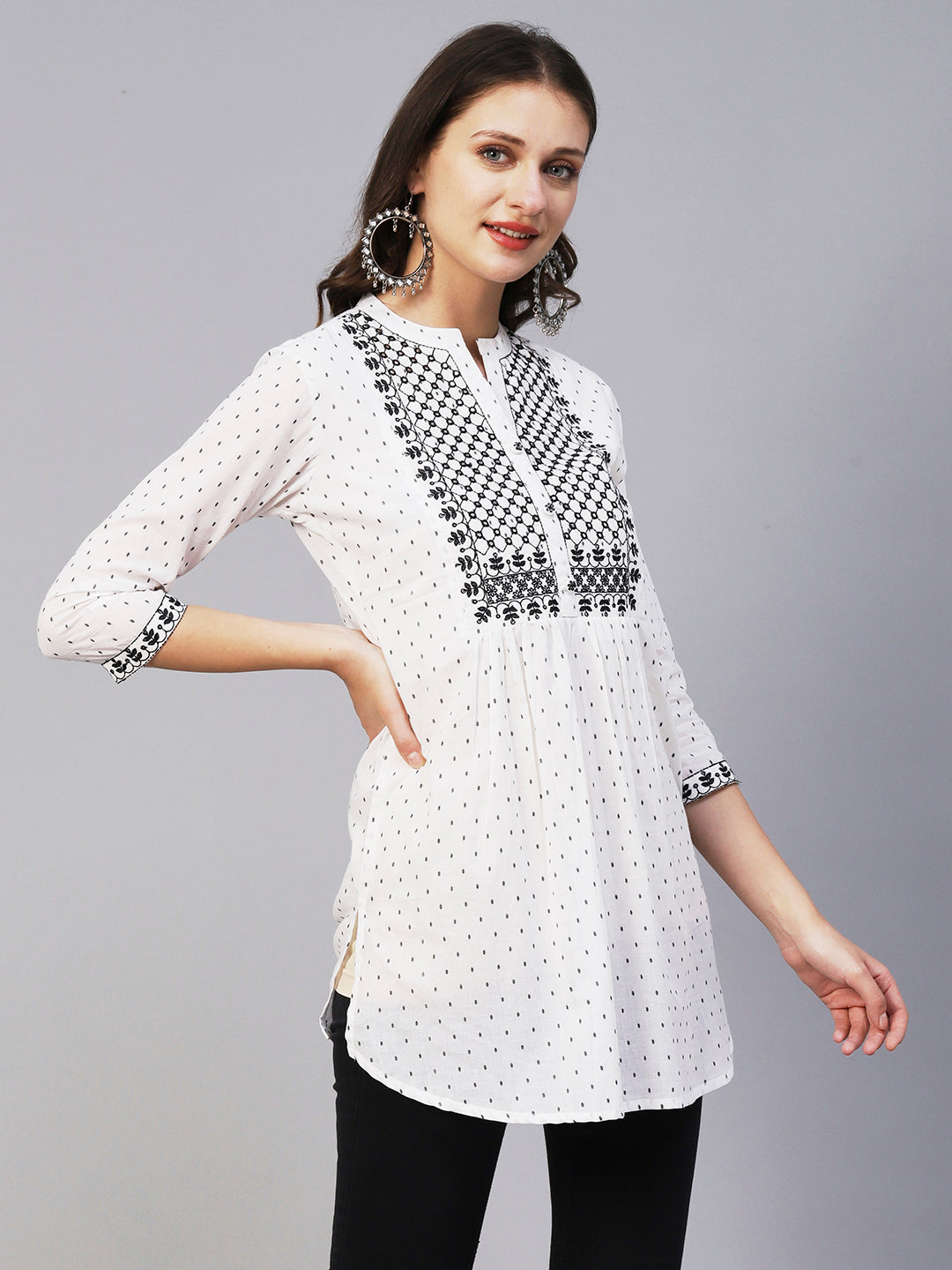 Woven Geometric Buti Design Resham & Mirror Embroidered Short Kurti - White