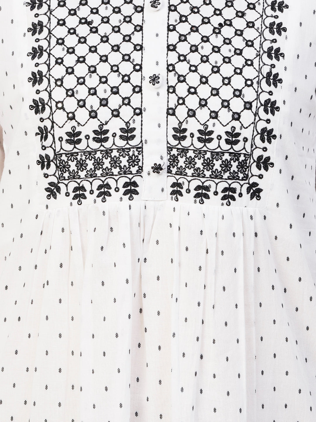 Woven Geometric Buti Design Resham & Mirror Embroidered Short Kurti - White