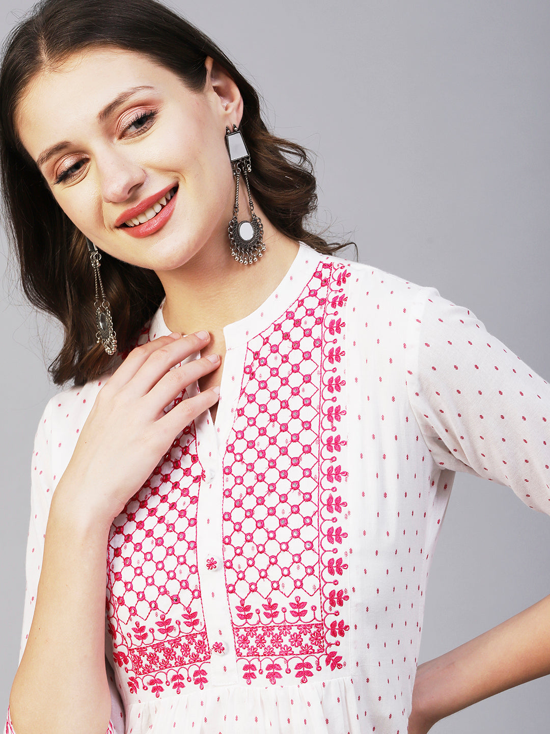 Woven Geometric Buti Design Resham & Mirror Embroidered Short Kurti - White & Pink