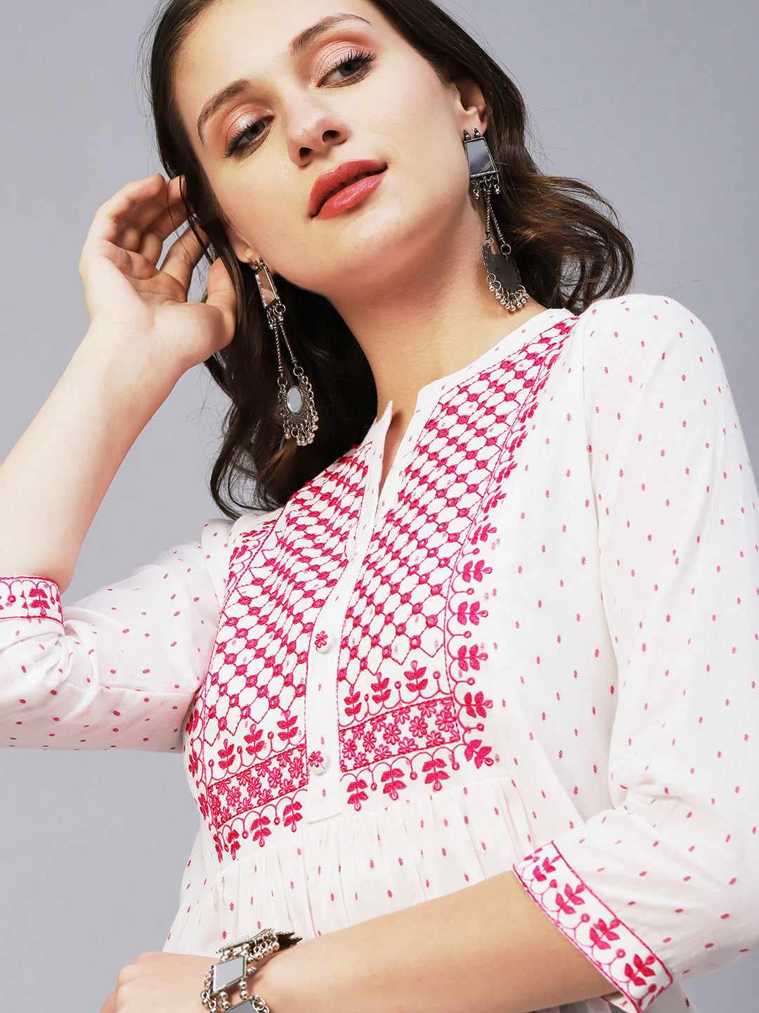 Woven Geometric Buti Design Resham & Mirror Embroidered Short Kurti - White & Pink