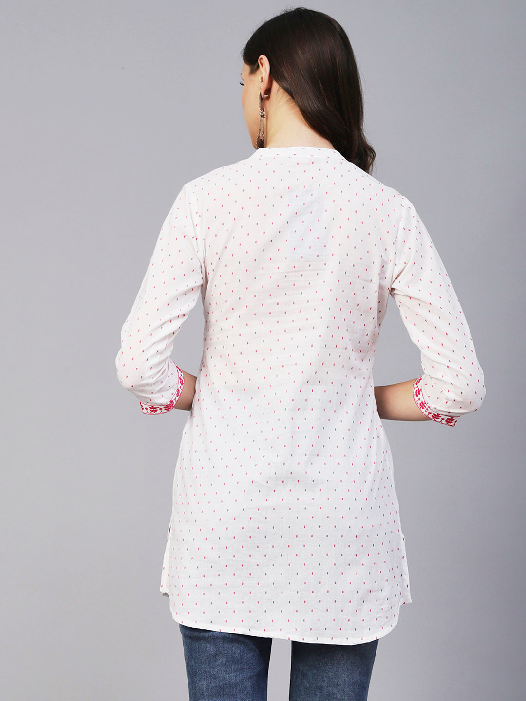 Woven Geometric Buti Design Resham & Mirror Embroidered Short Kurti - White & Pink