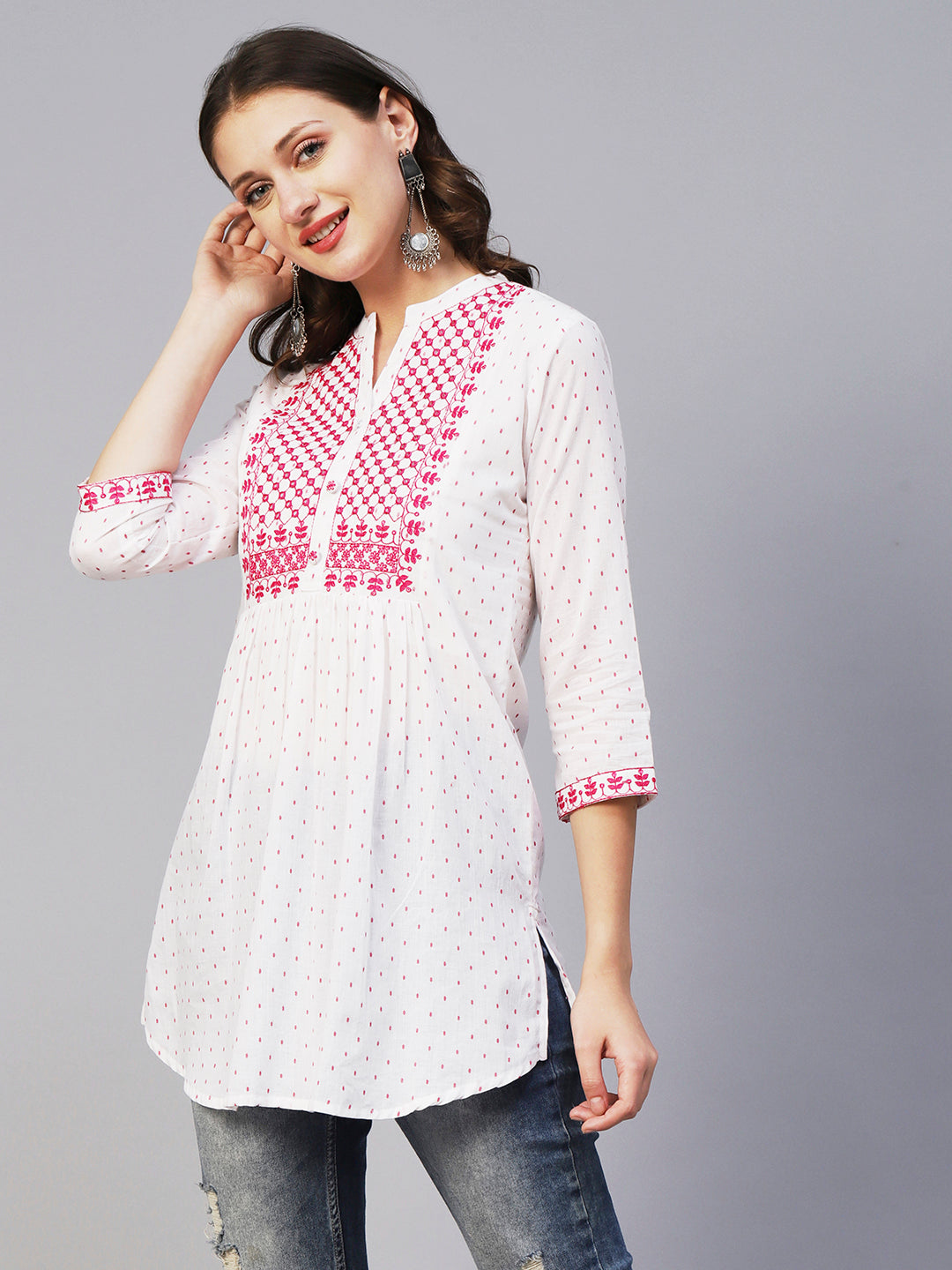Woven Geometric Buti Design Resham & Mirror Embroidered Short Kurti - White & Pink