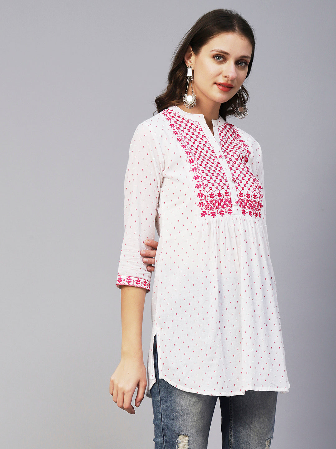 Woven Geometric Buti Design Resham & Mirror Embroidered Short Kurti - White & Pink