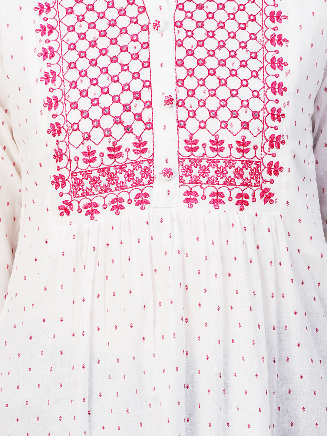 Woven Geometric Buti Design Resham & Mirror Embroidered Short Kurti - White & Pink