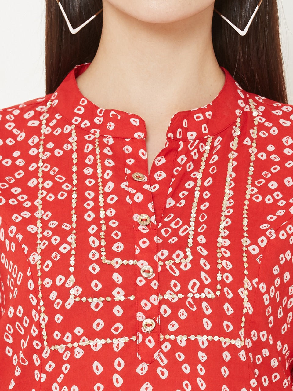 Bandhani Printed Kurta With Leheriya Ankle Pant - Red