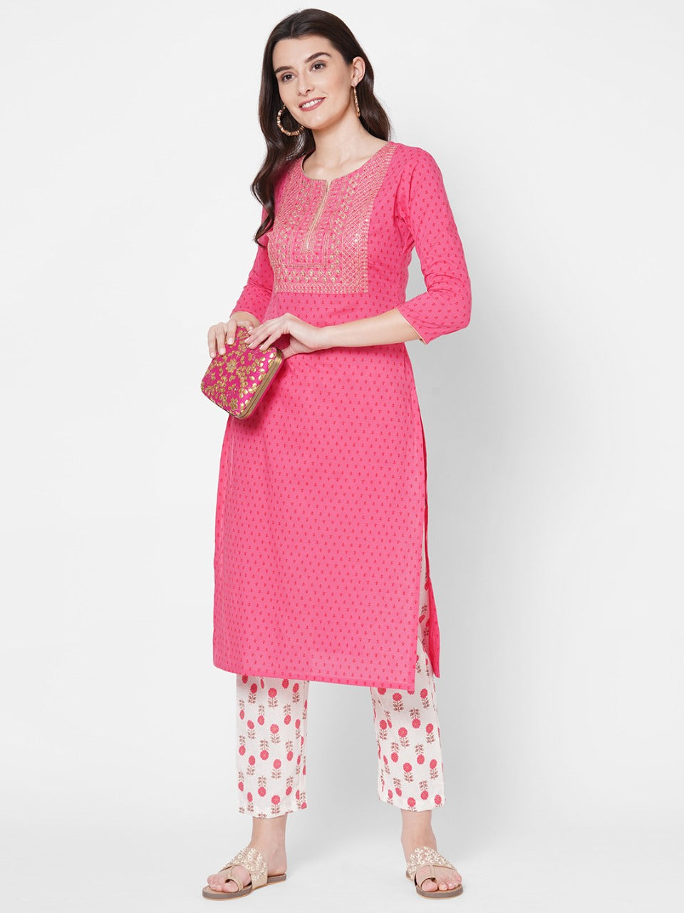Ethnic Printed & Zari Embroidered Kurta With Block Printed Pant - Pink