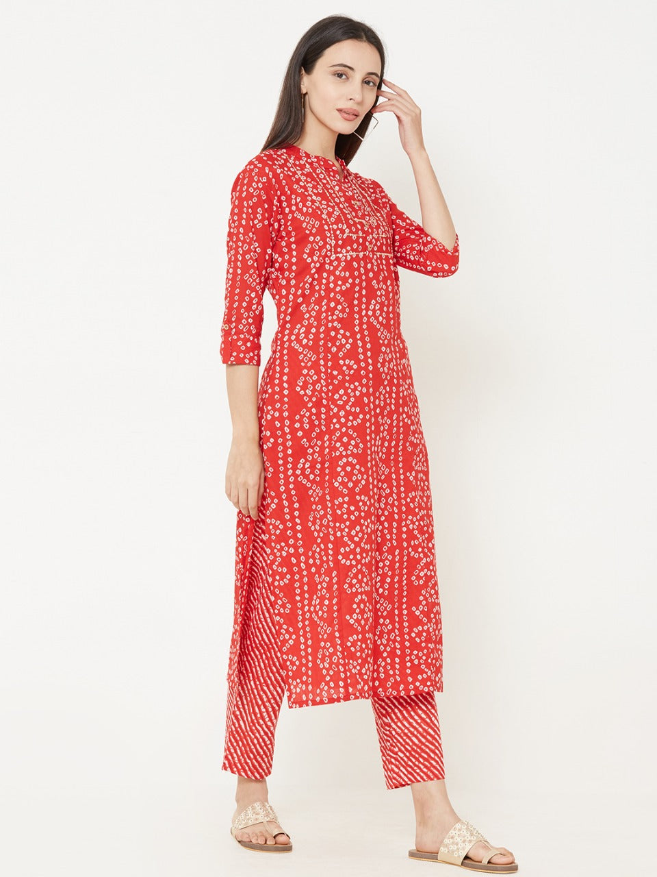 Bandhani Printed Kurta With Leheriya Ankle Pant - Red