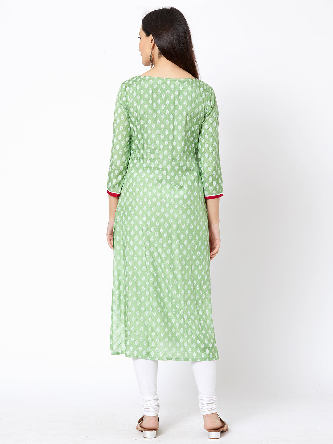 Ethnic Motif Printed & Embossed Chain Embroidered Kurta - Mint Green