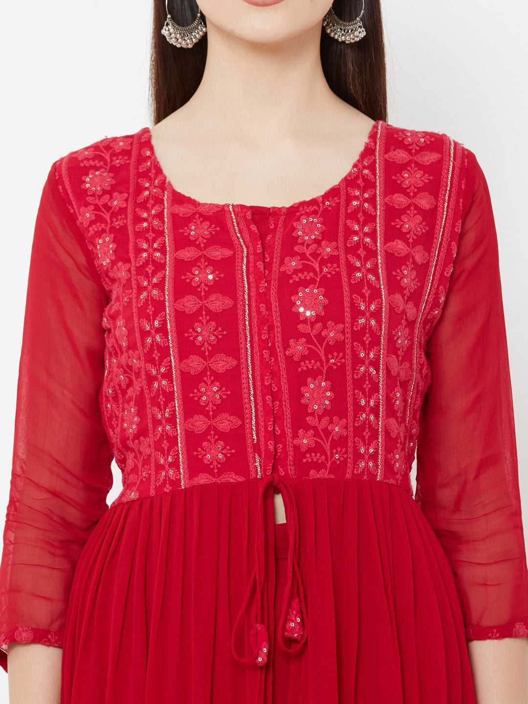 Floral embroidered Tiered Kurta with Solid Palazzo - Cherry Red