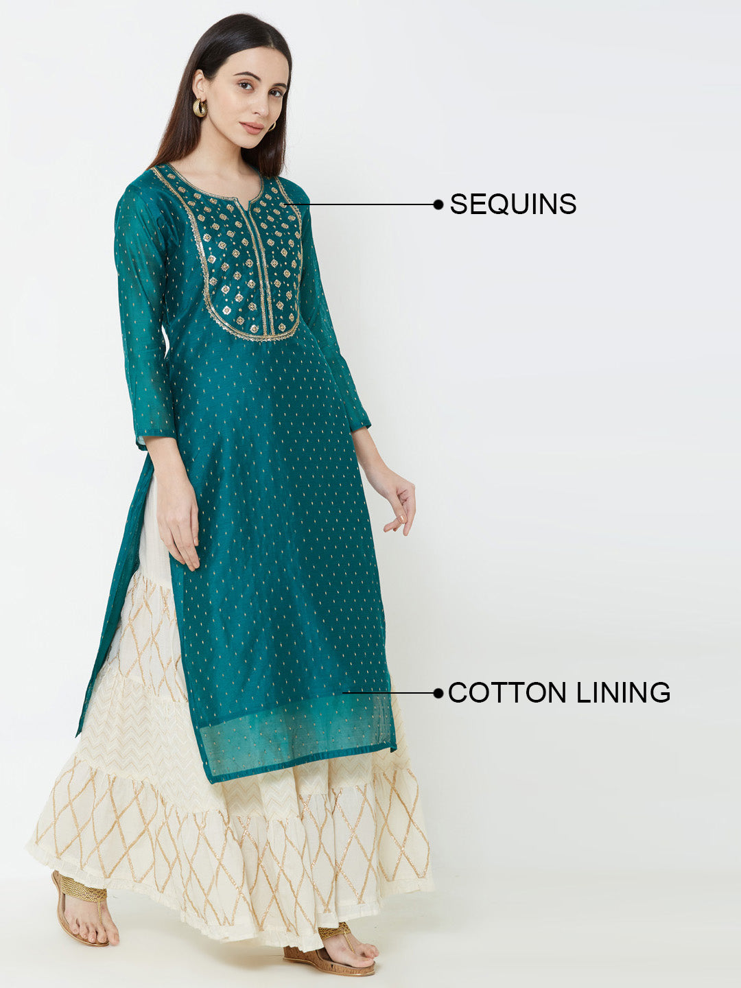 Sequins Embellished Chanderi Kurta - Teal Green