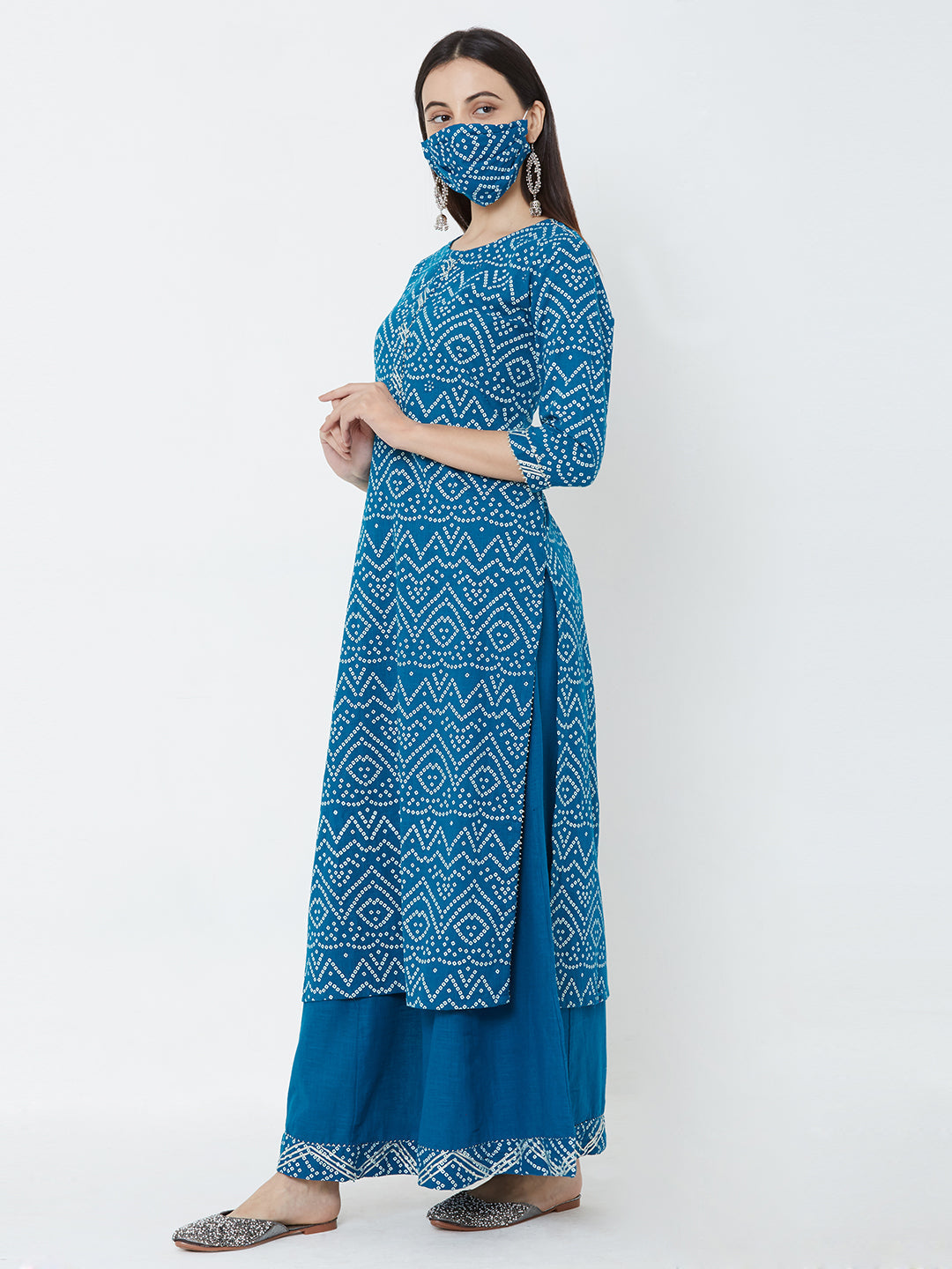 Bandhani printed Kurta, solid palazzo with mask - Turquoise