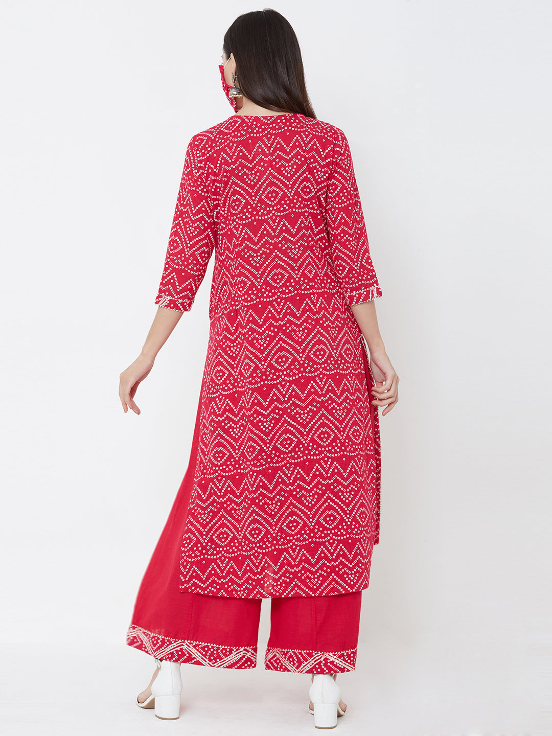 Bandhani printed Kurta, solid palazzo with mask - Pink