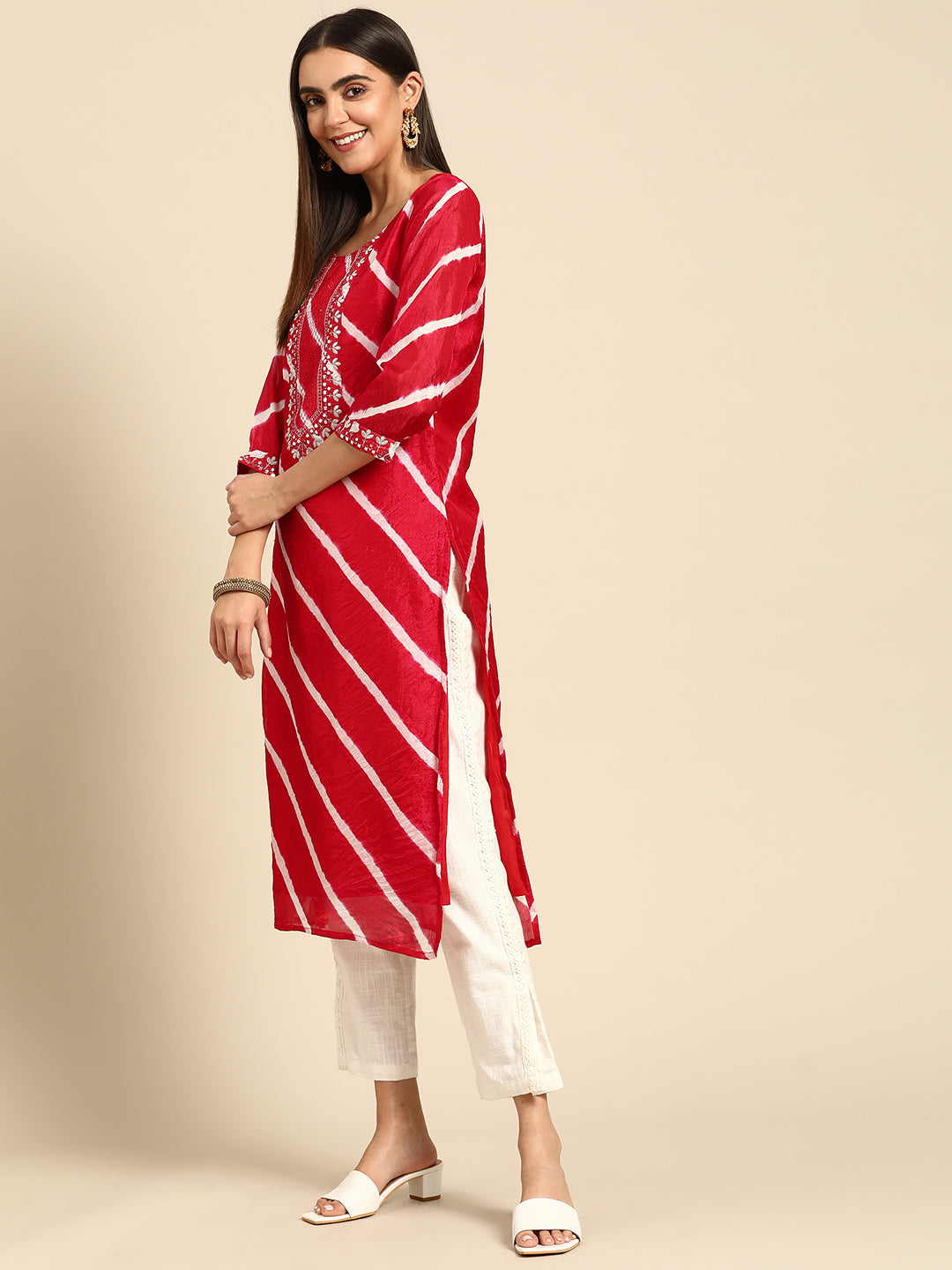Leheriya Printed & Embroidered Kurta - Red