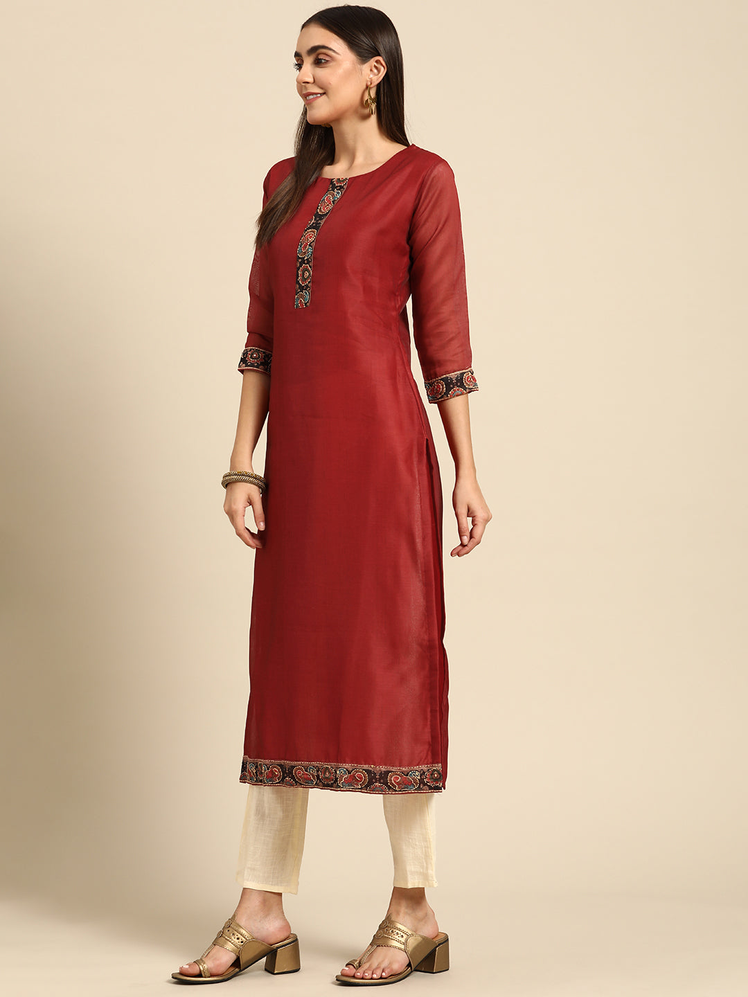 Kalamkari Printed Kurta and Dupatta with Kantha work - Maroon