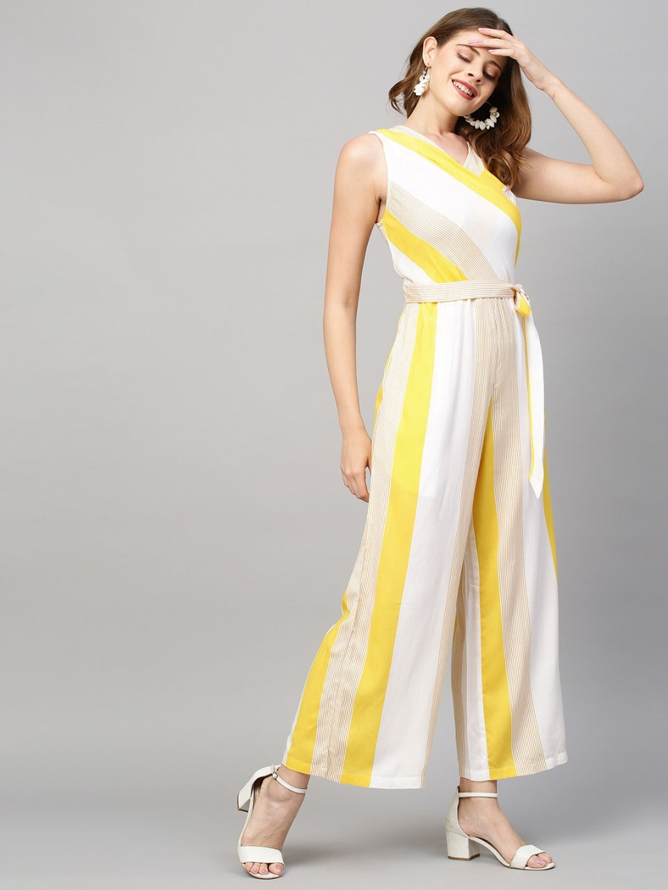 Stripes Printed Straight Fit Jumpsuit with Belt - White