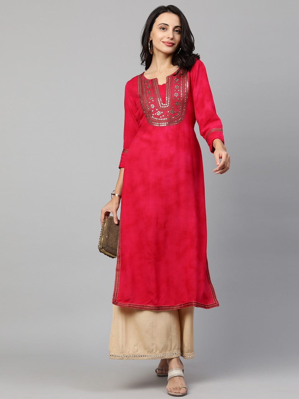 Festive Sequin Embroidered Straight Kurta - Hot Pink