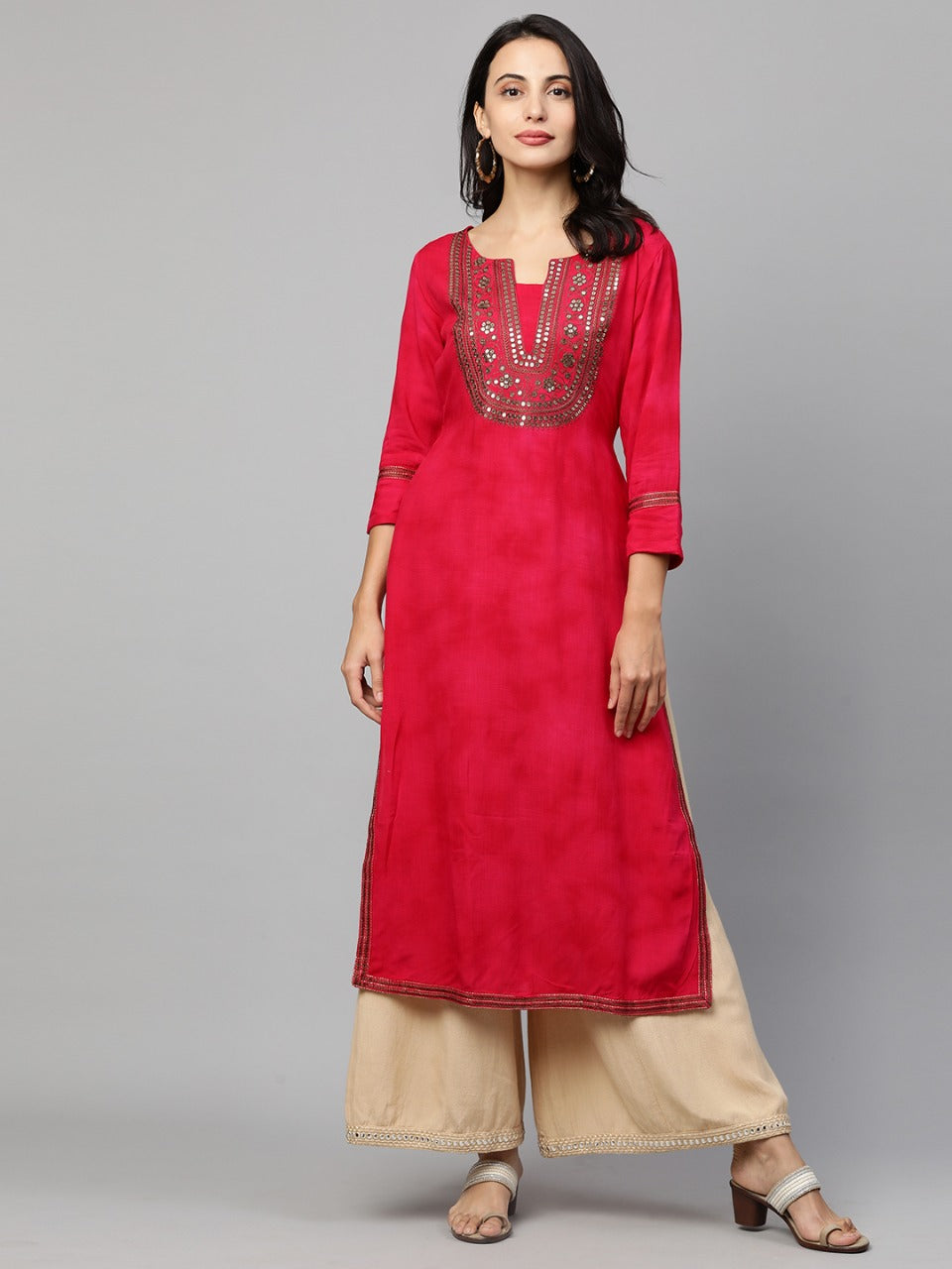 Festive Sequin Embroidered Straight Kurta - Hot Pink