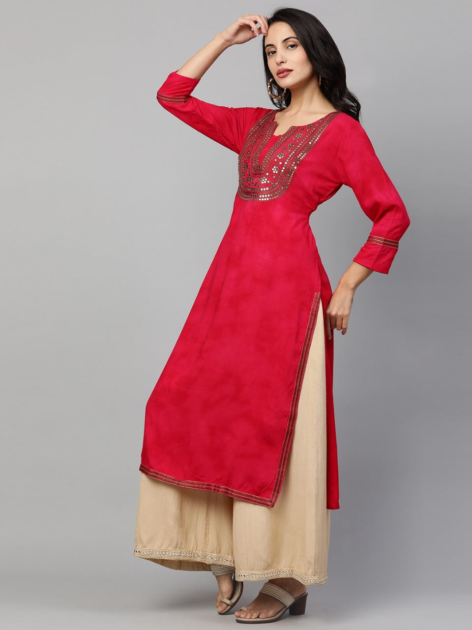 Festive Sequin Embroidered Straight Kurta - Hot Pink