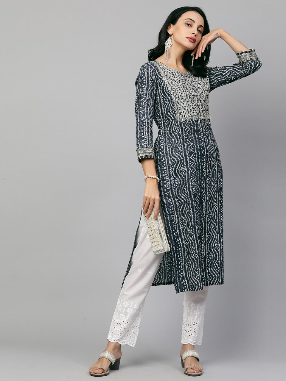 Festive Embroidered Bandhani Straight Kurta - Greyish blue