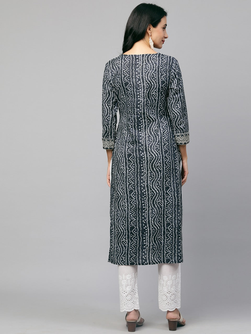 Festive Embroidered Bandhani Straight Kurta - Greyish blue