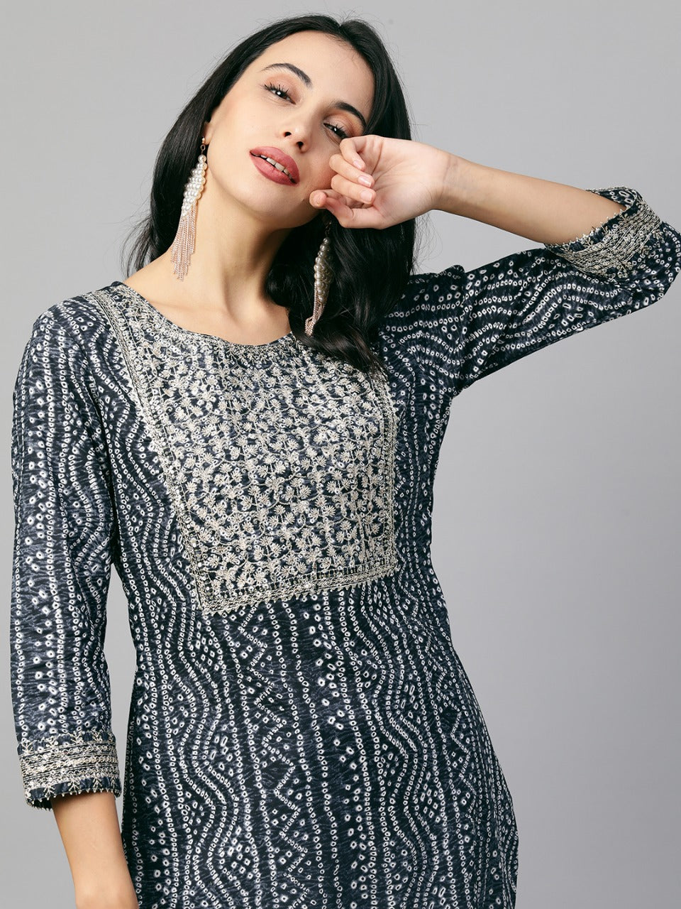 Festive Embroidered Bandhani Straight Kurta - Greyish blue