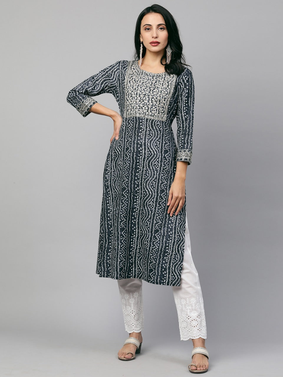 Festive Embroidered Bandhani Straight Kurta - Greyish blue