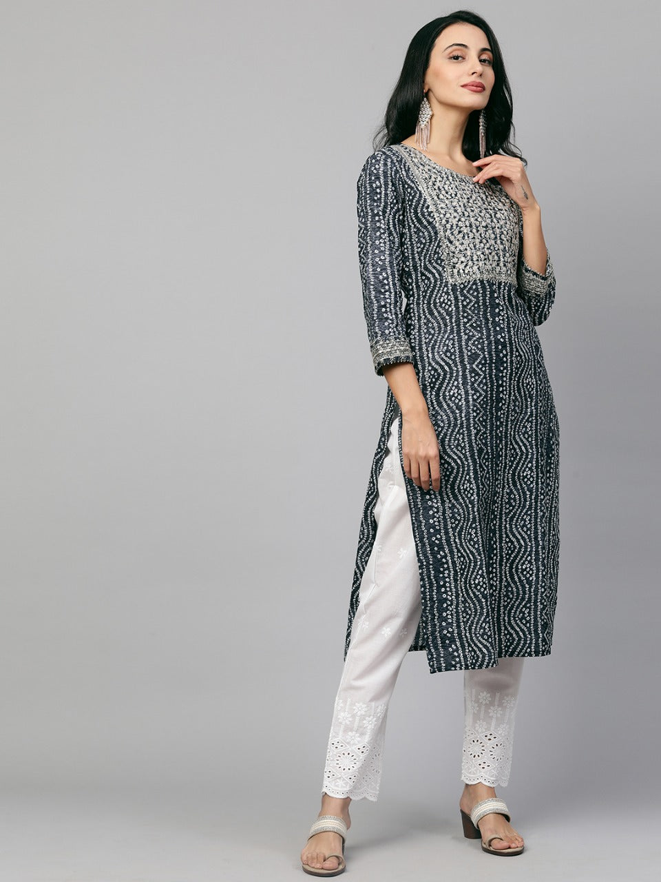Festive Embroidered Bandhani Straight Kurta - Greyish blue