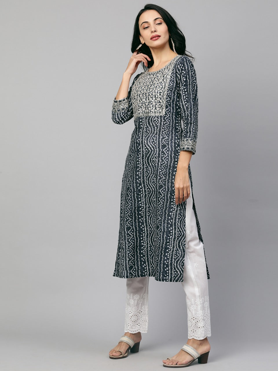 Festive Embroidered Bandhani Straight Kurta - Greyish blue