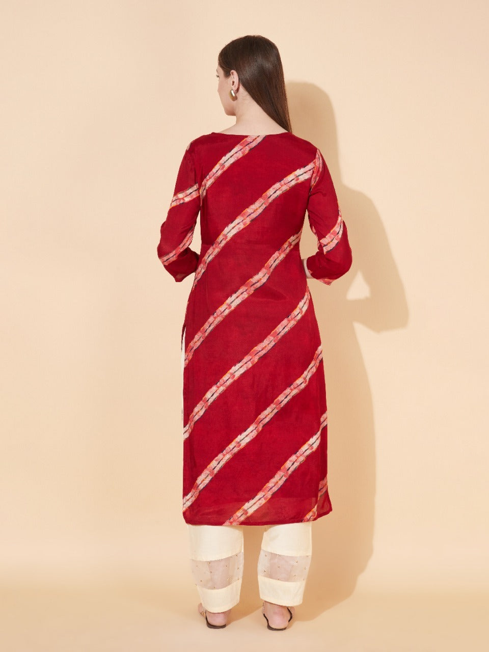 Ethnic Stripes Printed & Hand Embroidered Straight Fit Kurta - Maroon