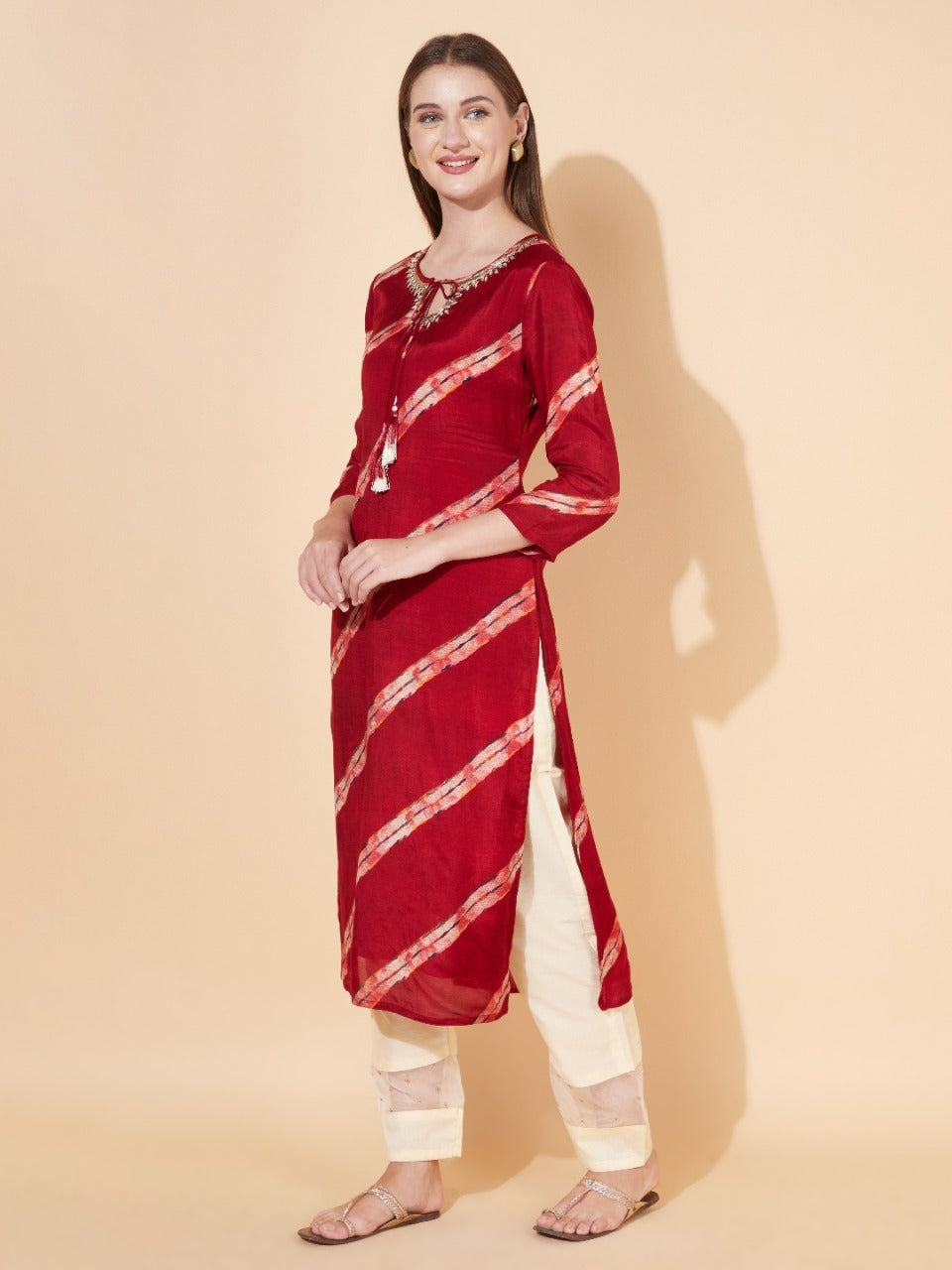 Ethnic Stripes Printed & Hand Embroidered Straight Fit Kurta - Maroon