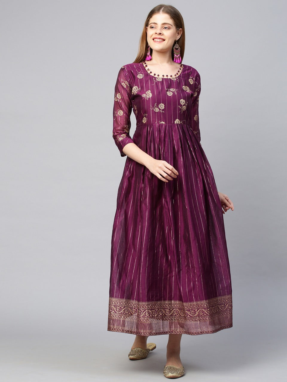 Floral Foil Printed & Lurex Maxi Dress - Purple