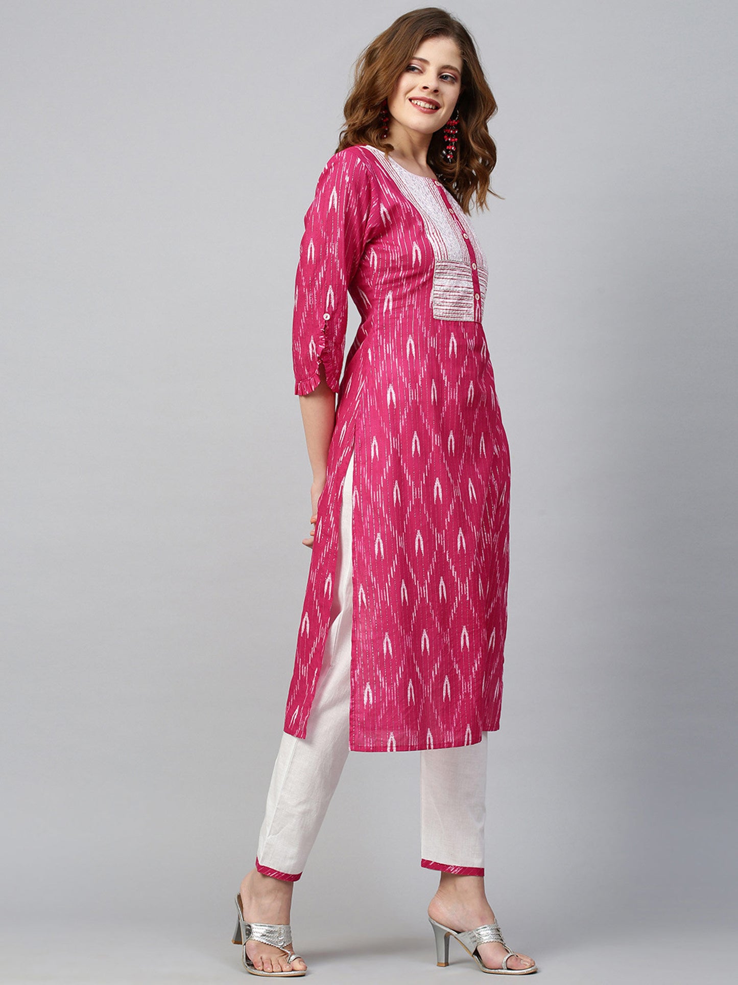 Ikat Printed & Lurex Striped Kurta with Pant - Rani Pink