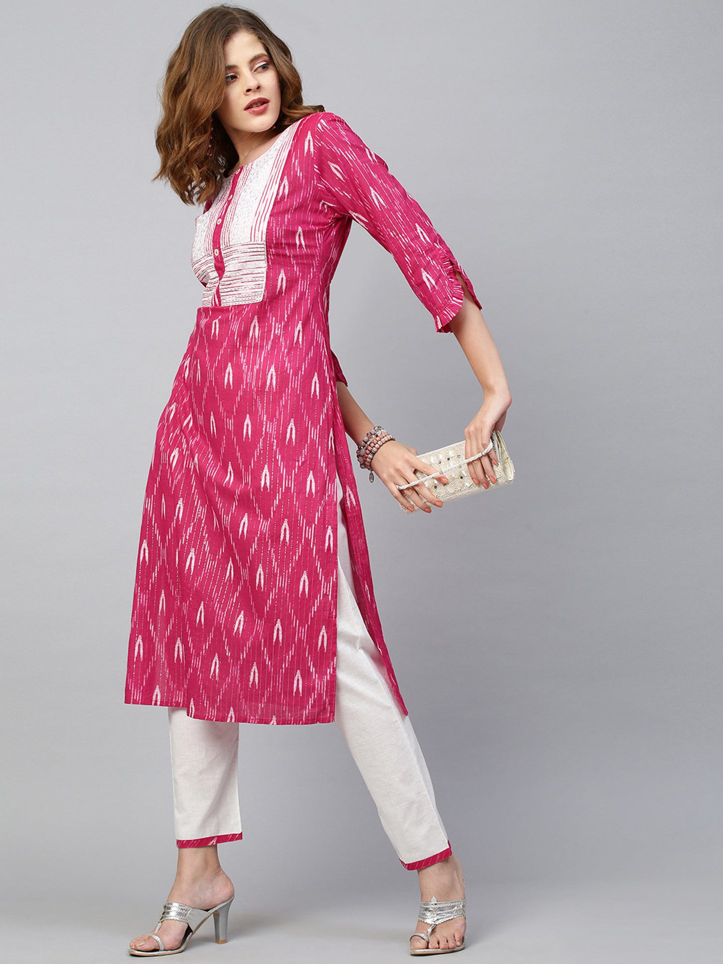 Ikat Printed & Lurex Striped Kurta with Pant - Rani Pink