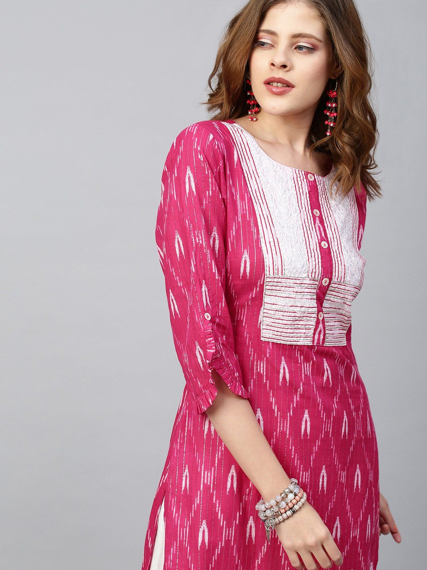 Ikat Printed & Lurex Striped Kurta with Pant - Rani Pink