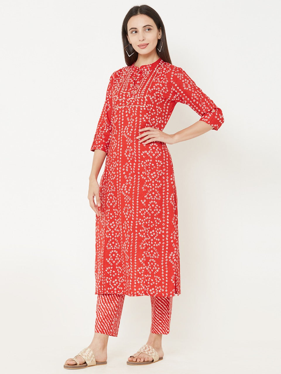 Bandhani Printed Kurta With Leheriya Ankle Pant - Red