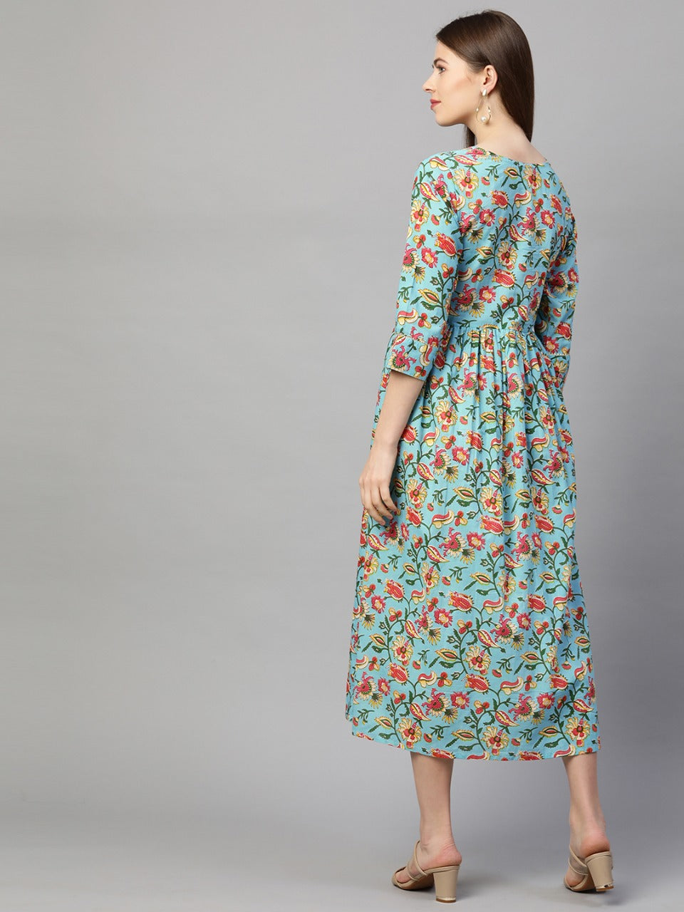 Floral Jaal Printed Gathered Maxi - Mint Green