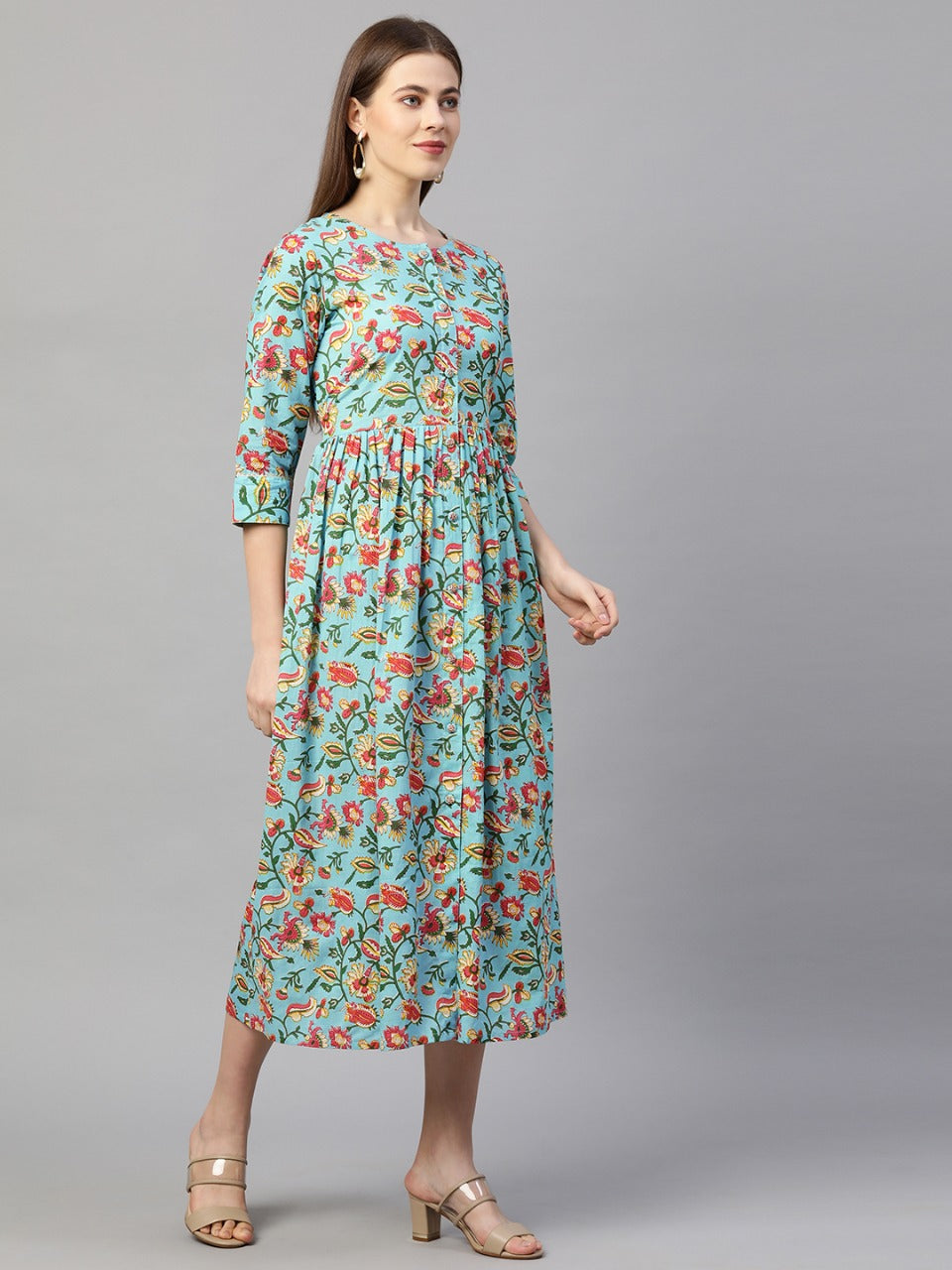Floral Jaal Printed Gathered Maxi - Mint Green