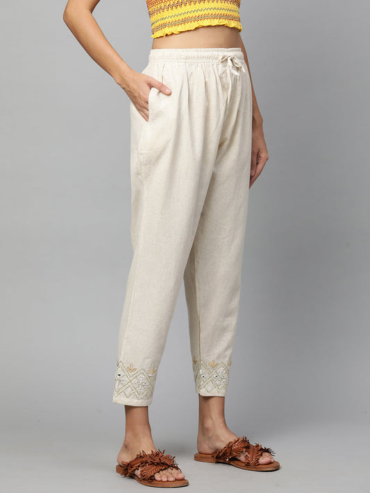 Gota Embroidered Ankle Pant - Off White