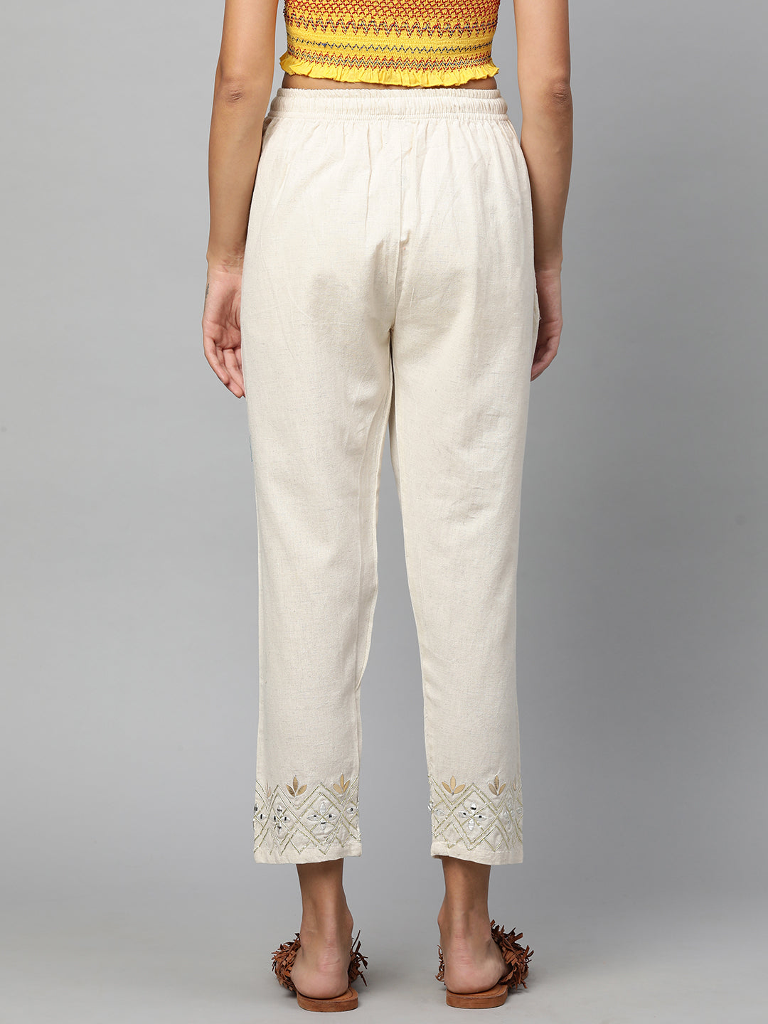 Gota Embroidered Ankle Pant - Off White