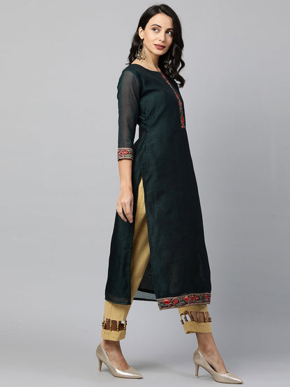 Kalamkari Printed Kurta And Dupatta With Kantha Work - Emerald Green